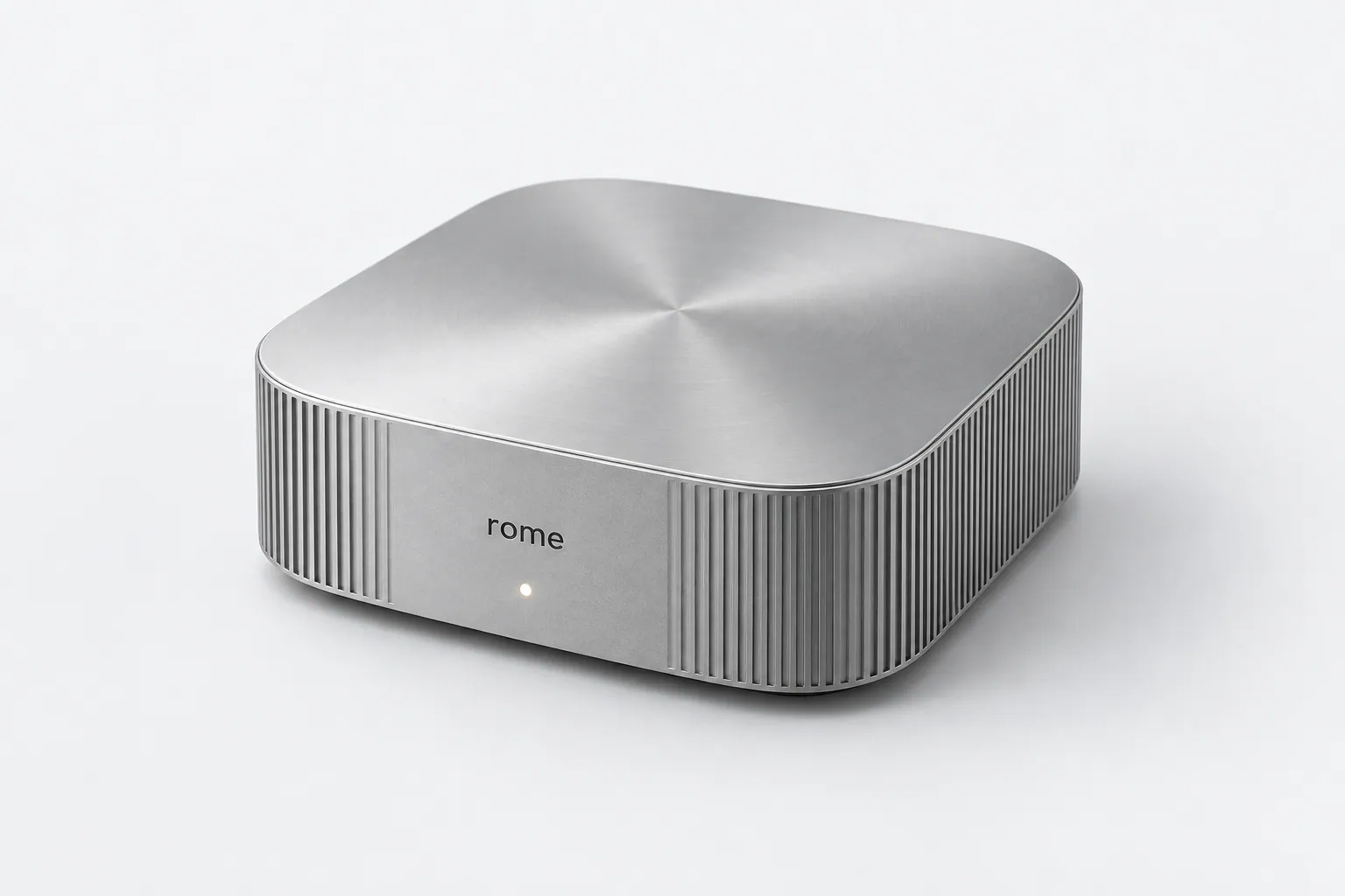 Concept du boîtier Rome AI, en aluminium argenté, vu de trois quarts